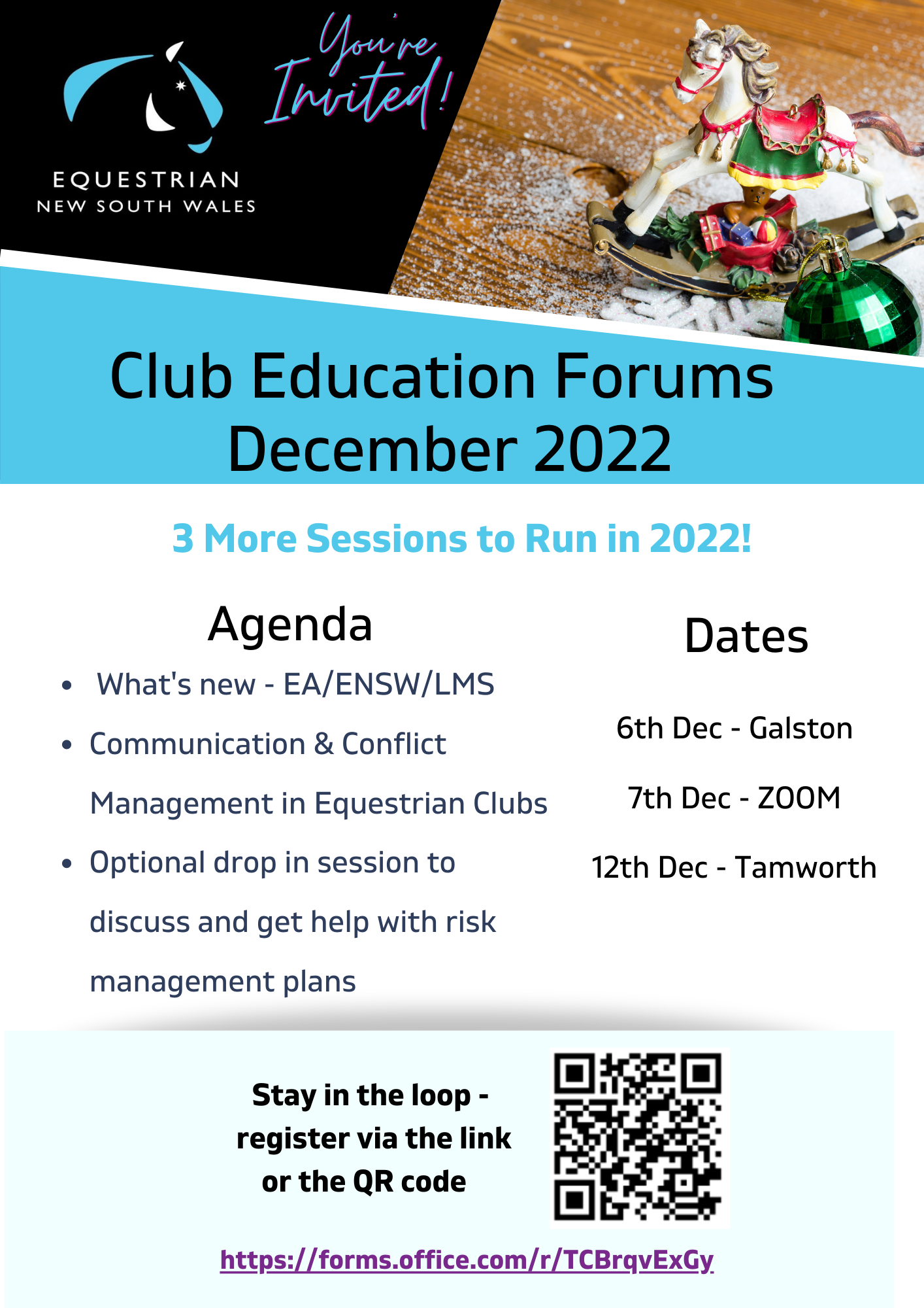 Flyer with dates and times for Club Forum Sessions