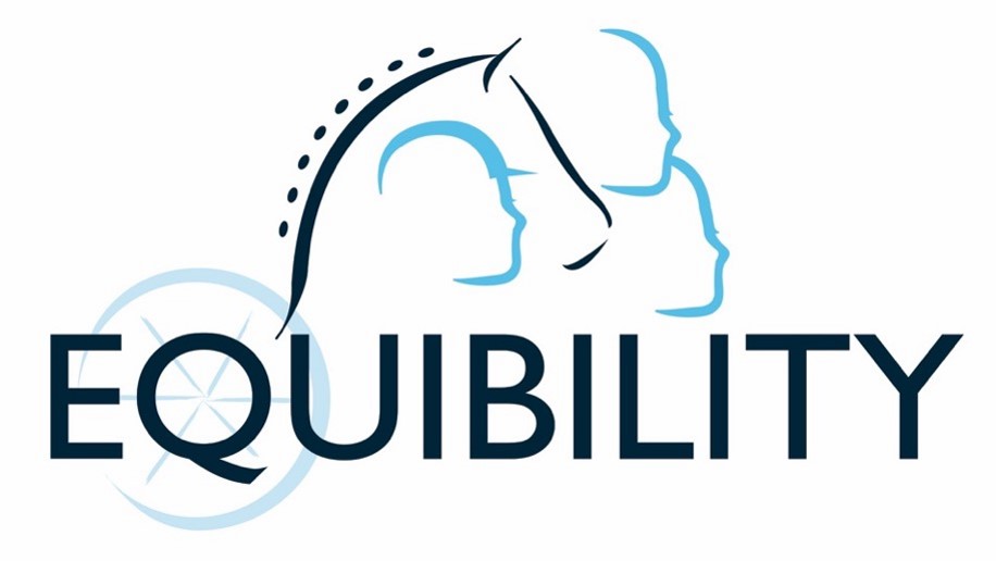 Equibility Logo  showing the outline of a horses head, three faces and the wheel of a wheelchair